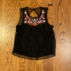 Hollister Mesh Flower Embroidered Black Tank Top